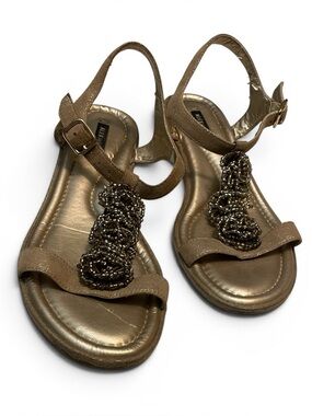 Alex Marie Metallic Bronze Beaded T-Strap Sandals - Women